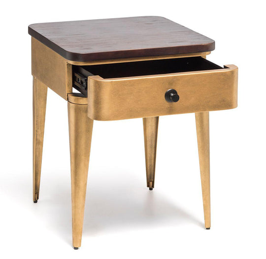 Buy Modern Bedside Table in Brass Finish with Storage Drawer and Wood Top discounted | Products On Sale Australia