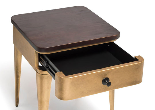 Buy Modern Bedside Table in Brass Finish with Storage Drawer and Wood Top discounted | Products On Sale Australia