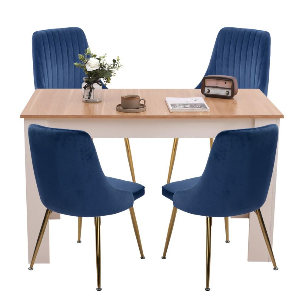 Buy Natural Rectangular Dining Table with 4x Blue Velvet Chairs discounted | Products On Sale Australia