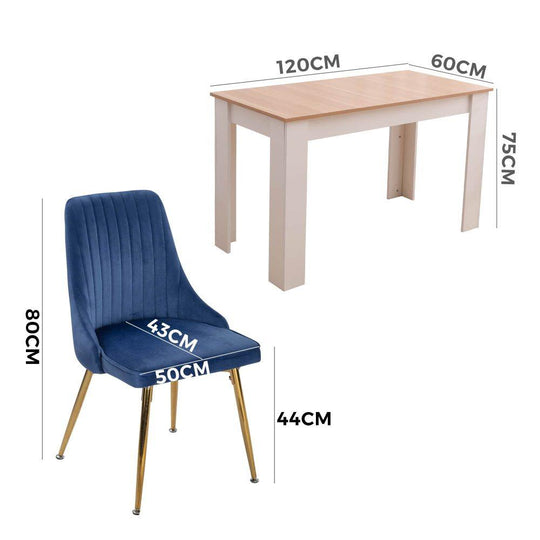 Buy Natural Rectangular Dining Table with 4x Blue Velvet Chairs discounted | Products On Sale Australia