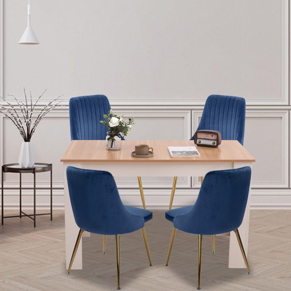 Buy Natural Rectangular Dining Table with 4x Blue Velvet Chairs discounted | Products On Sale Australia