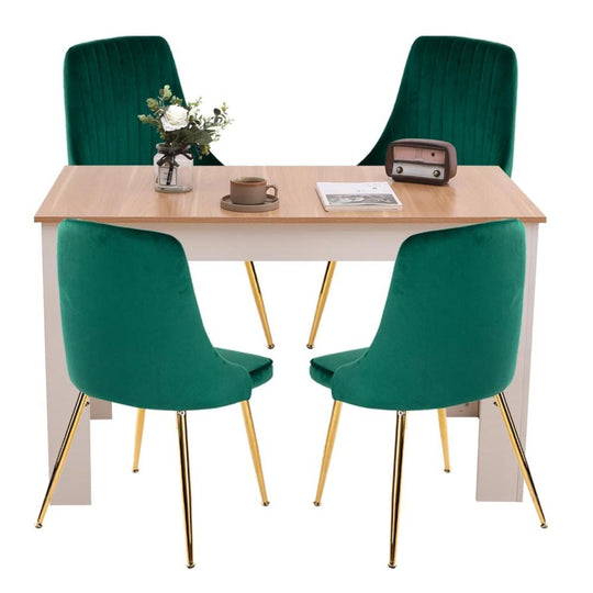 Buy Natural Rectangular Dining Table with 4x Green Velvet Chairs discounted | Products On Sale Australia