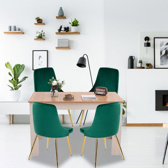 Buy Natural Rectangular Dining Table with 4x Green Velvet Chairs discounted | Products On Sale Australia