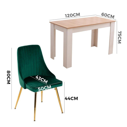 Buy Natural Rectangular Dining Table with 4x Green Velvet Chairs discounted | Products On Sale Australia