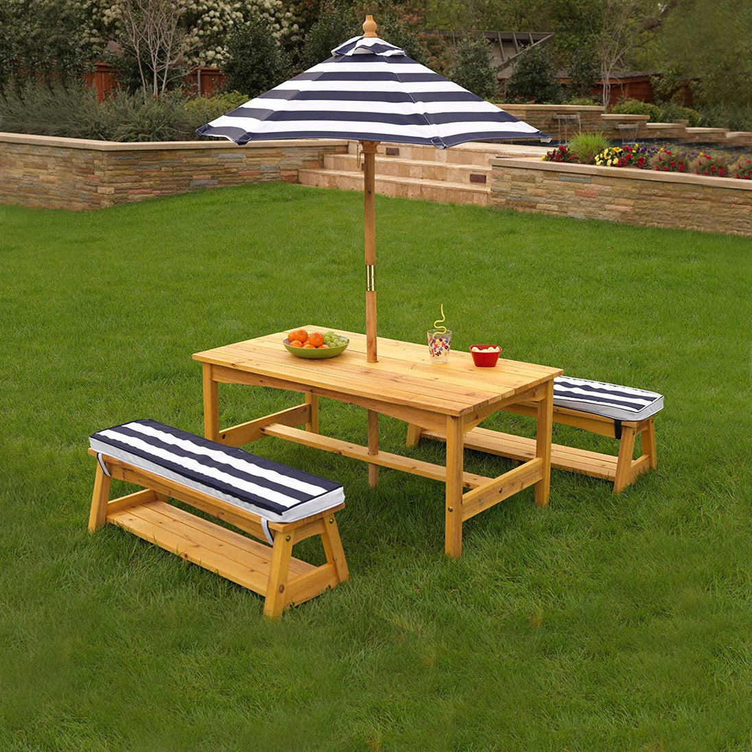 Buy Outdoor Table & Bench Set with Cushions & Umbrella (Navy) discounted | Products On Sale Australia