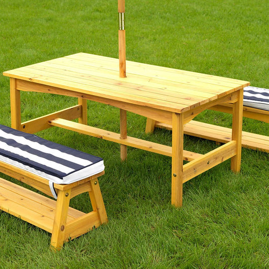 Buy Outdoor Table & Bench Set with Cushions & Umbrella (Navy) discounted | Products On Sale Australia