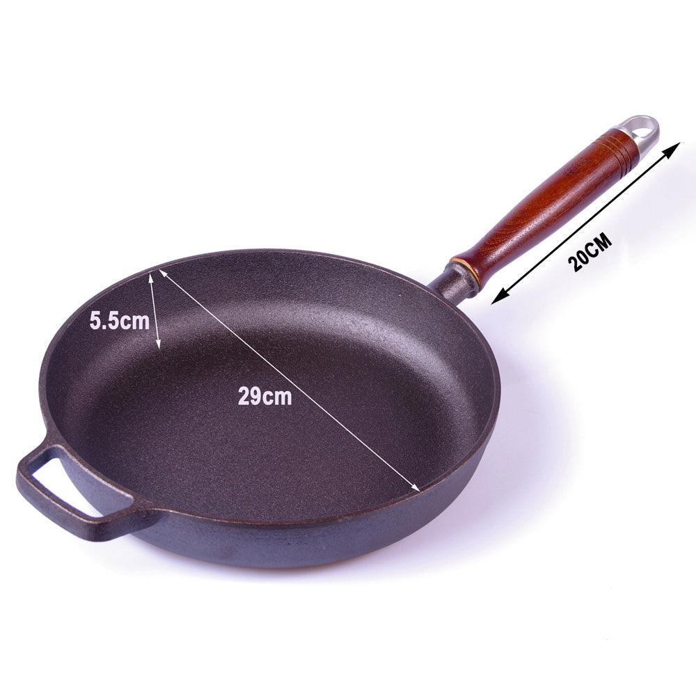 Buy Pre-Seasoned 29cm Cast Iron Fry Pan Cookware Heat-Resistant Wooden Handle discounted | Products On Sale Australia