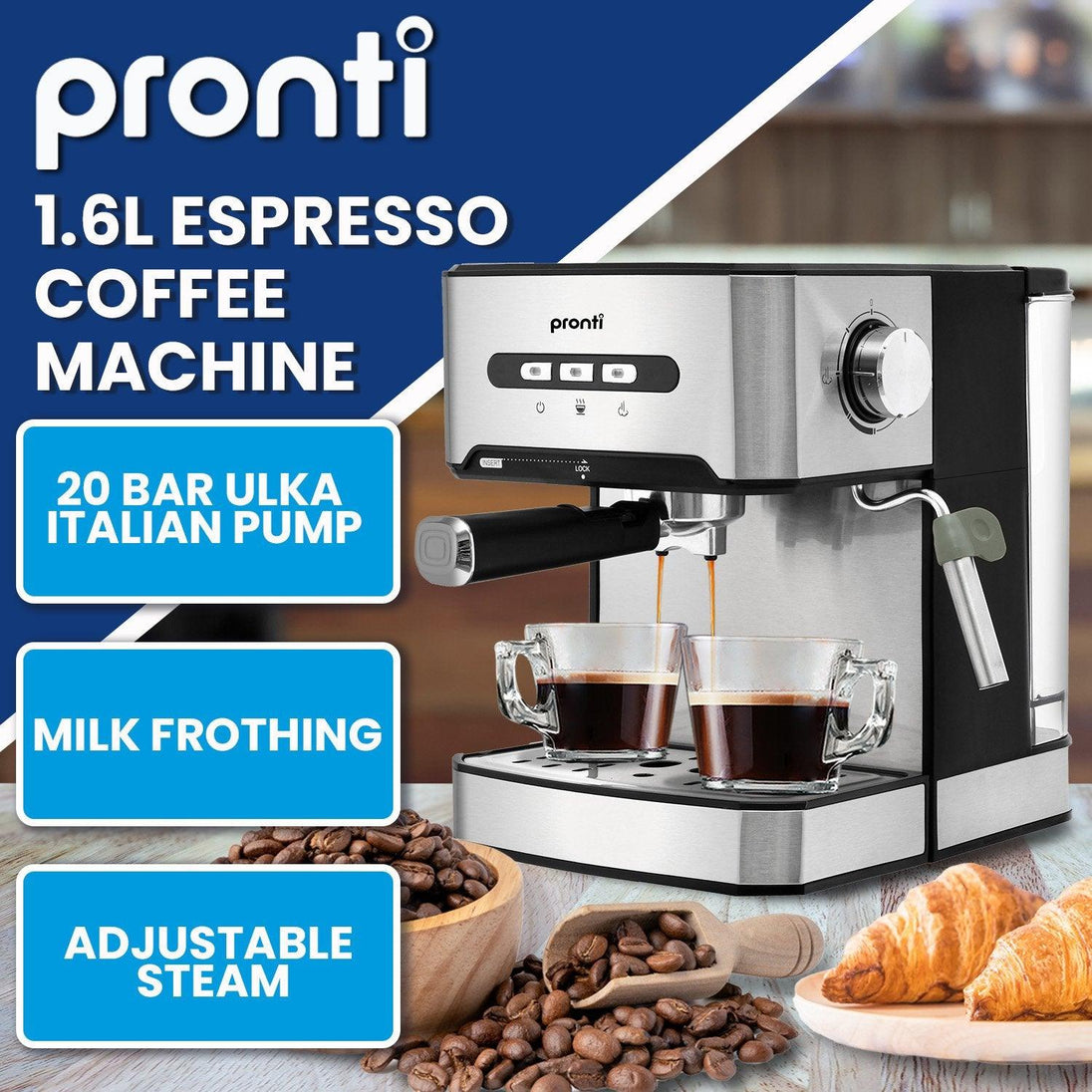 Buy Pronti 1.6L Automatic Coffee Espresso Machine with Steam Frother discounted | Products On Sale Australia