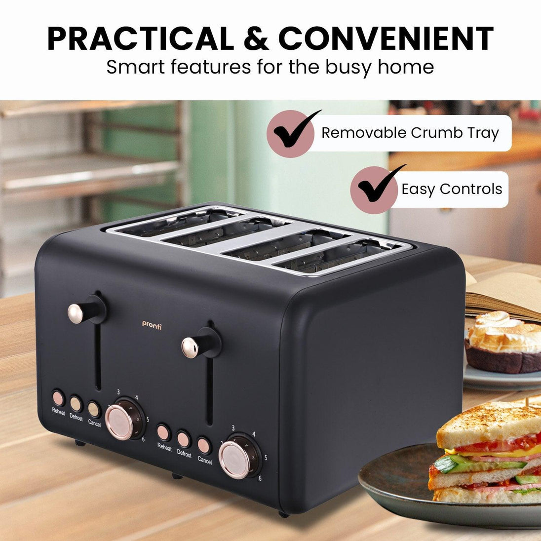 Buy Pronti 4 Slice Toaster Rose Trim Collection - Black discounted | Products On Sale Australia