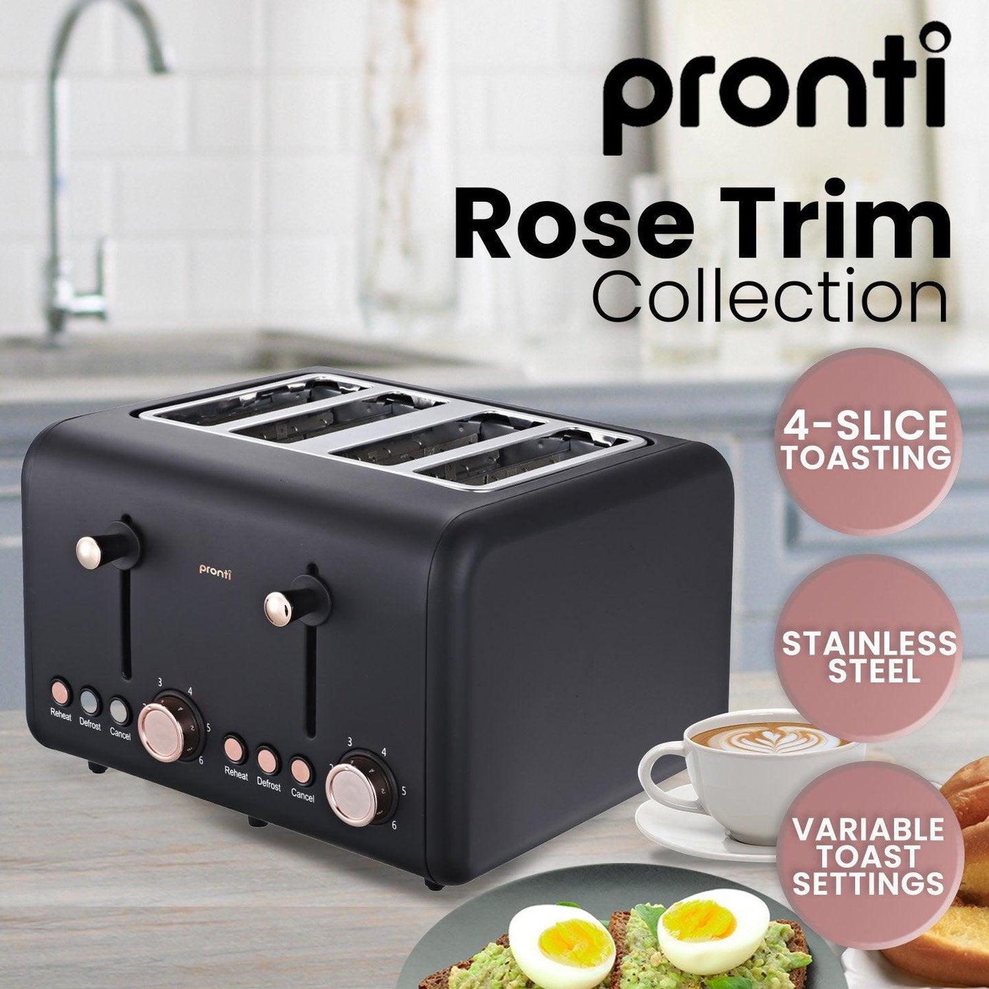 Buy Pronti 4 Slice Toaster Rose Trim Collection - Black discounted | Products On Sale Australia