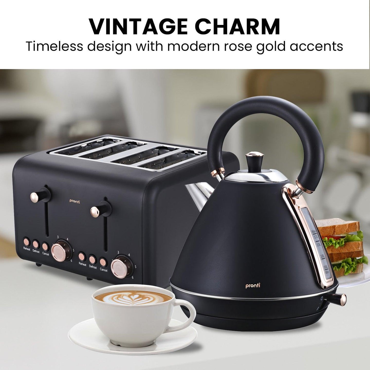 Buy Pronti Rose Trim Collection Toaster & Kettle Bundle - Black discounted | Products On Sale Australia