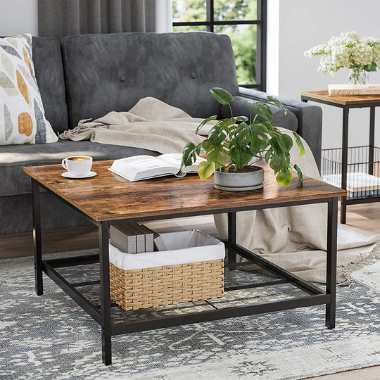 Buy Robust Coffee Table Steel Frame and Mesh Storage Shelf, Rustic Brown and Black discounted | Products On Sale Australia