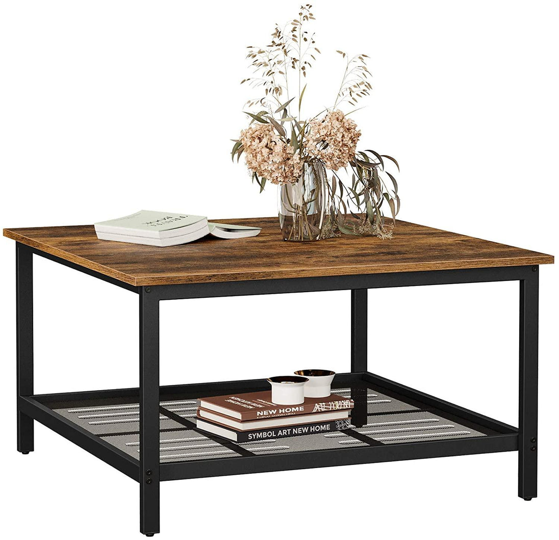 Buy Robust Coffee Table Steel Frame and Mesh Storage Shelf, Rustic Brown and Black discounted | Products On Sale Australia