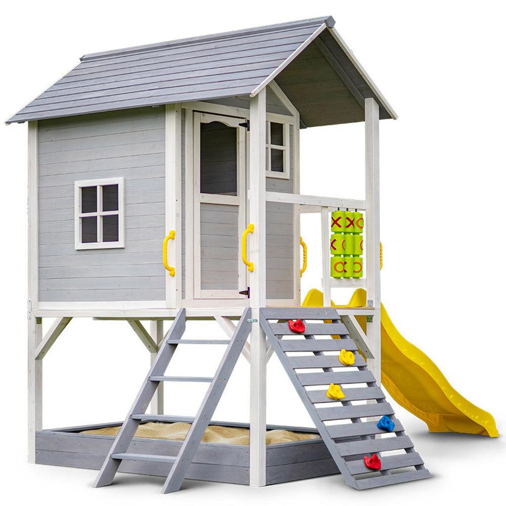 Buy ROVO KIDS Wooden Tower Cubby House with Slide, Sandpit, Climbing Wall, Noughts & Crosses discounted | Products On Sale Australia