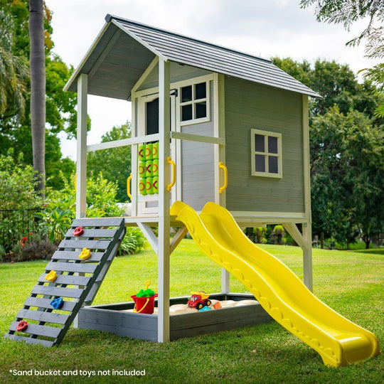 Buy ROVO KIDS Wooden Tower Cubby House with Slide, Sandpit, Climbing Wall, Noughts & Crosses discounted | Products On Sale Australia