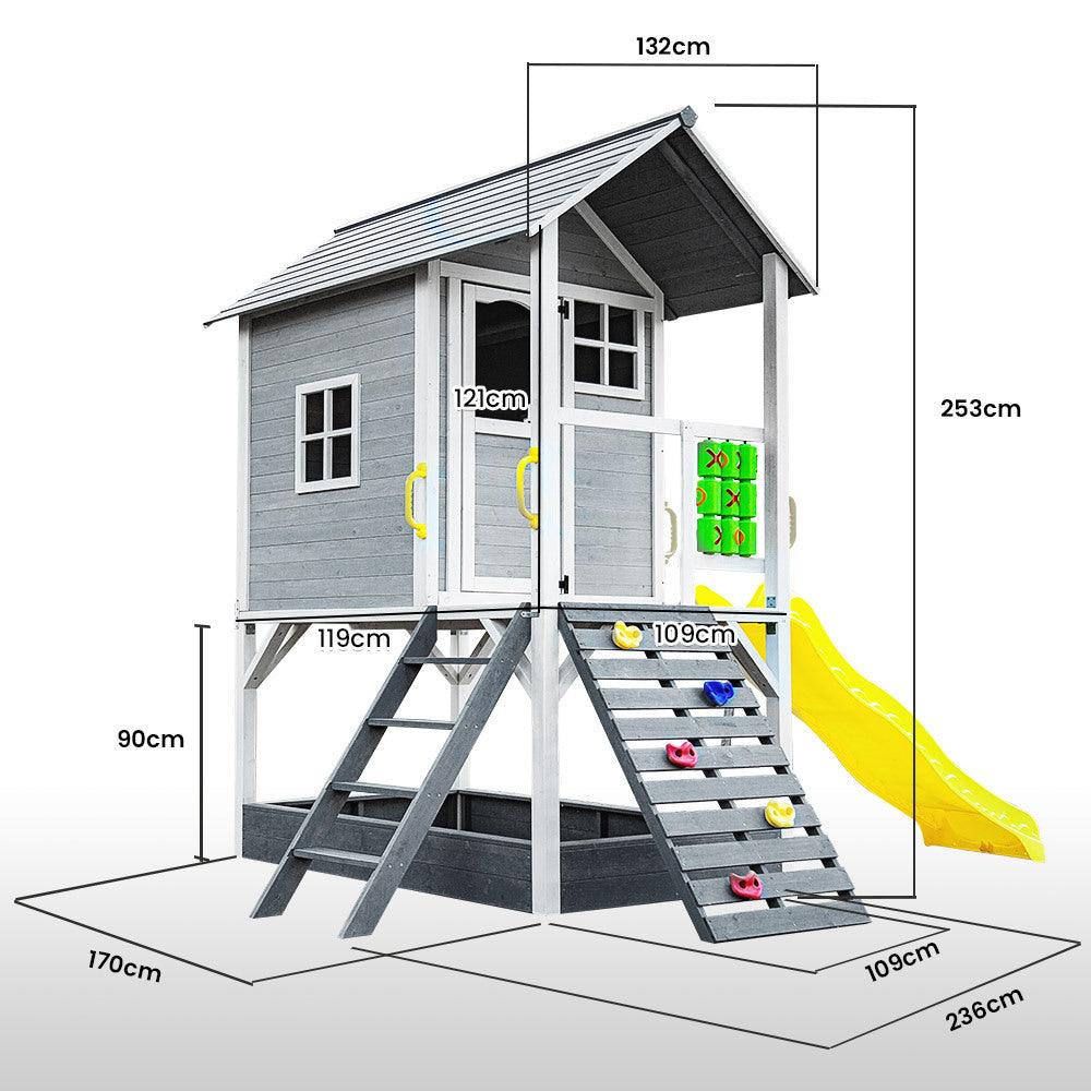 Buy ROVO KIDS Wooden Tower Cubby House with Slide, Sandpit, Climbing Wall, Noughts & Crosses discounted | Products On Sale Australia