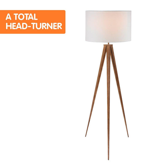 Buy Sarantino Metal Tripod Floor Spot Lamp Shade Drum in Wooden Finish discounted | Products On Sale Australia