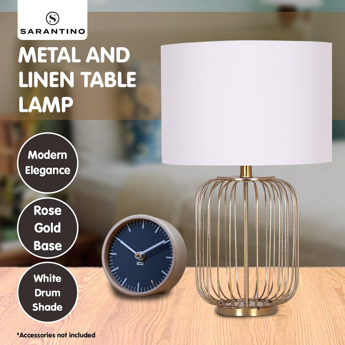 Buy Sarantino Rose Gold Table Lamp with Linen Drum Shade discounted | Products On Sale Australia