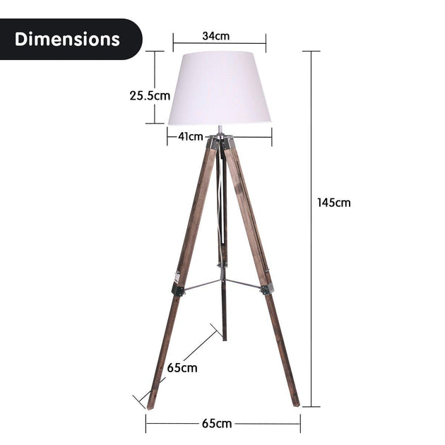 Buy Sarantino Solid Wood Tripod Floor Lamp Adjustable Height White Shade discounted | Products On Sale Australia