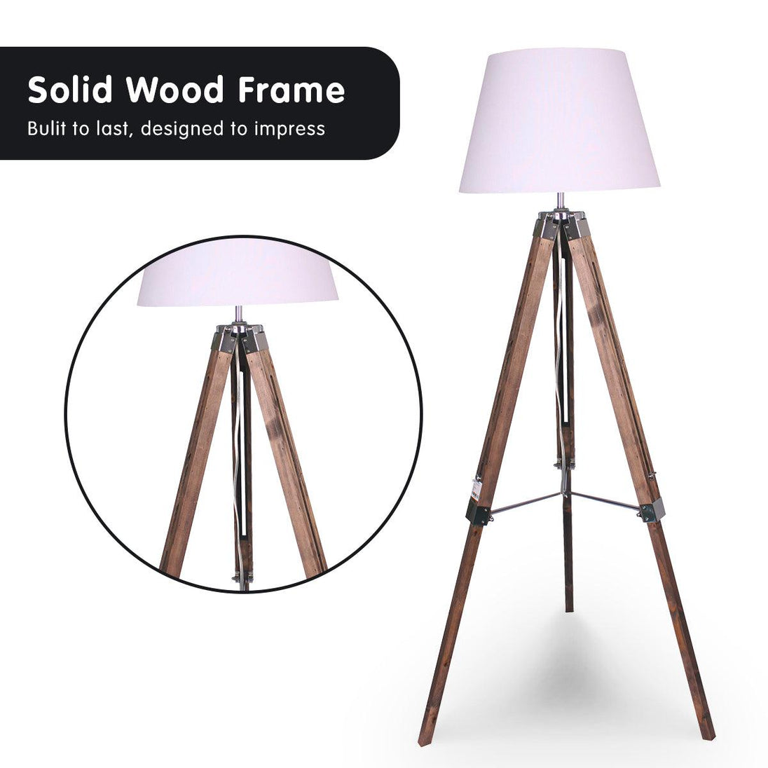 Buy Sarantino Solid Wood Tripod Floor Lamp Adjustable Height White Shade discounted | Products On Sale Australia