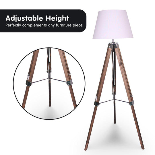 Buy Sarantino Solid Wood Tripod Floor Lamp Adjustable Height White Shade discounted | Products On Sale Australia