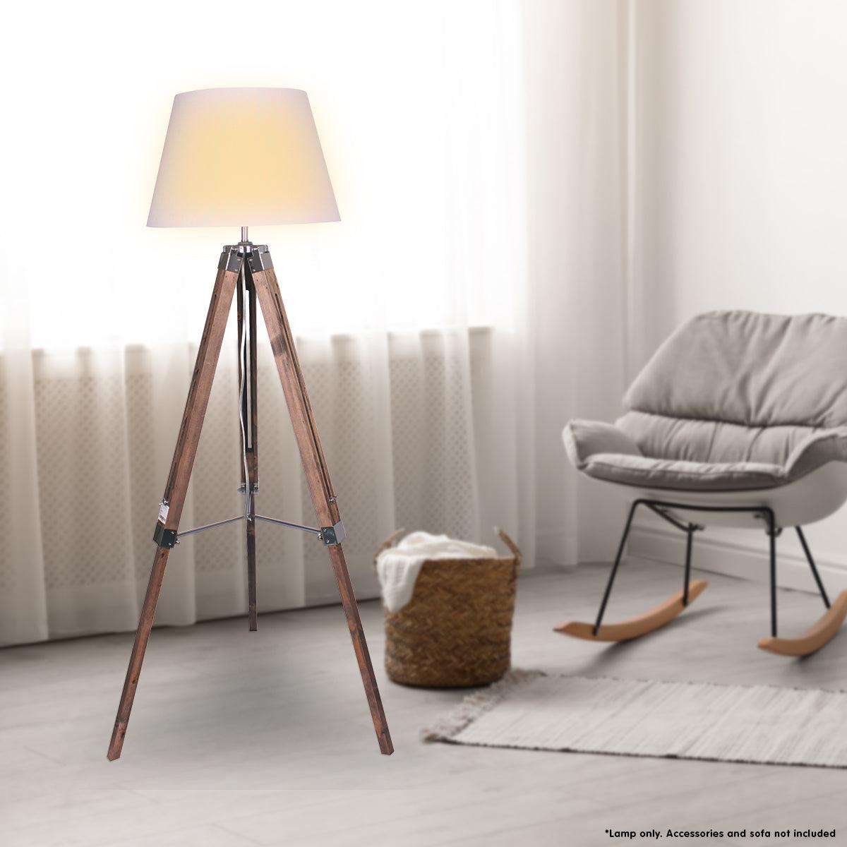 Buy Sarantino Solid Wood Tripod Floor Lamp Adjustable Height White Shade discounted | Products On Sale Australia