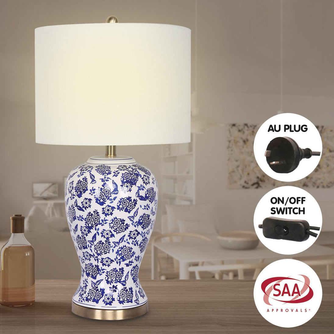 Buy Sarantino Table Lamp Ceramic Floral Base Cotton Drum Shade discounted | Products On Sale Australia