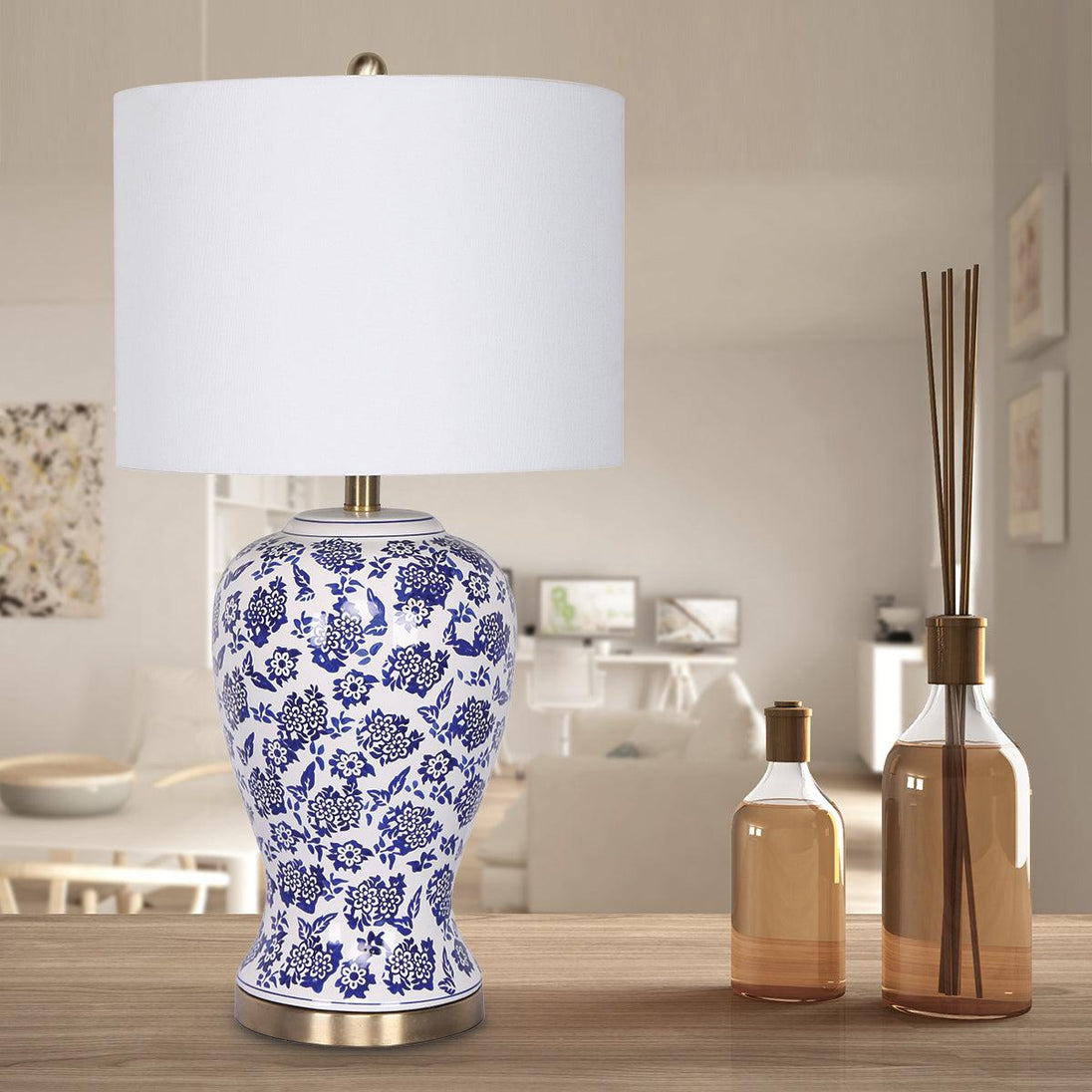 Buy Sarantino Table Lamp Ceramic Floral Base Cotton Drum Shade discounted | Products On Sale Australia