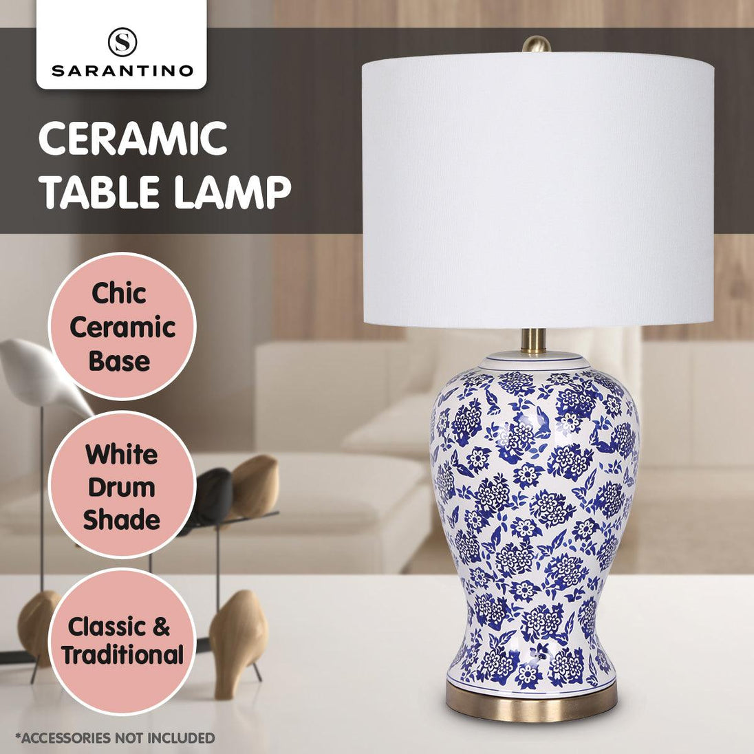 Buy Sarantino Table Lamp Ceramic Floral Base Cotton Drum Shade discounted | Products On Sale Australia