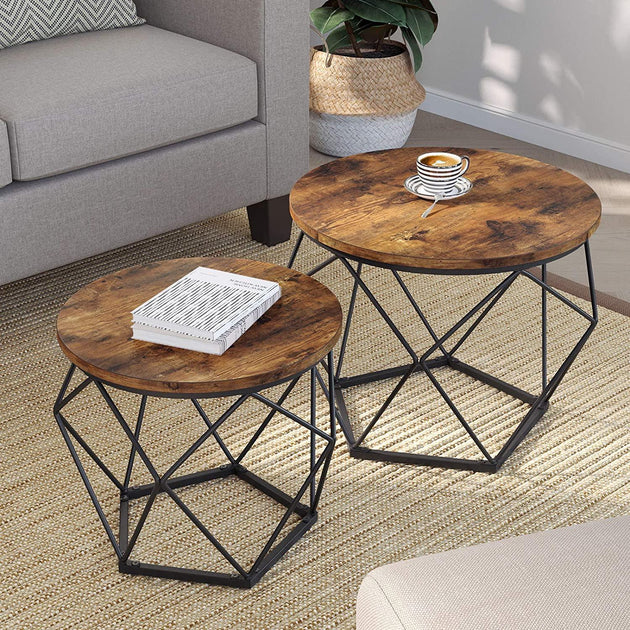 Buy Set of 2 Side Tables Robust Steel Frame Rustic Brown and Black discounted | Products On Sale Australia