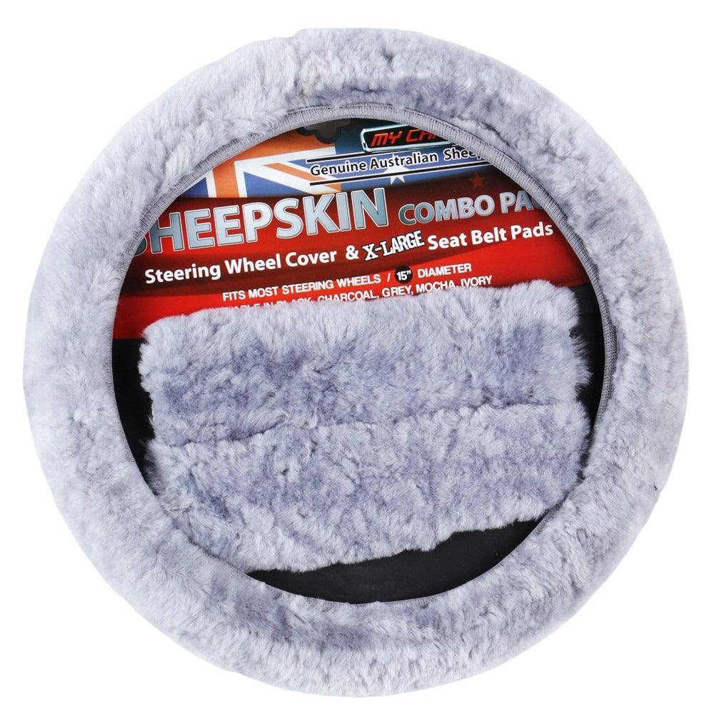 Buy Sheepskin Steering Wheel Cover & Seat Belt Pads Combo Luxury - Grey discounted | Products On Sale Australia