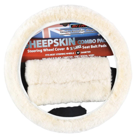 Buy Sheepskin Steering Wheel Cover & Seat Belt Pads Combo Luxury - Ivory discounted | Products On Sale Australia