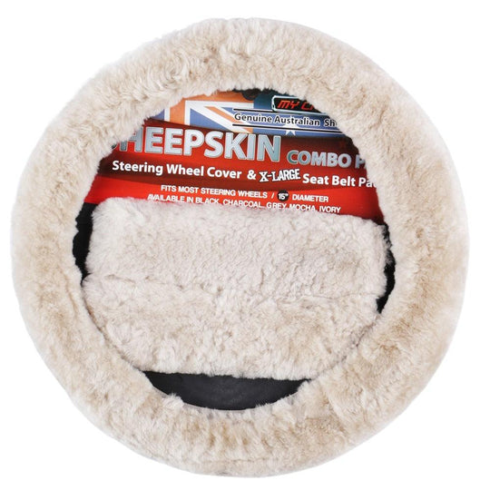 Buy Sheepskin Steering Wheel Cover & Seat Belt Pads Combo Luxury - Mocha discounted | Products On Sale Australia