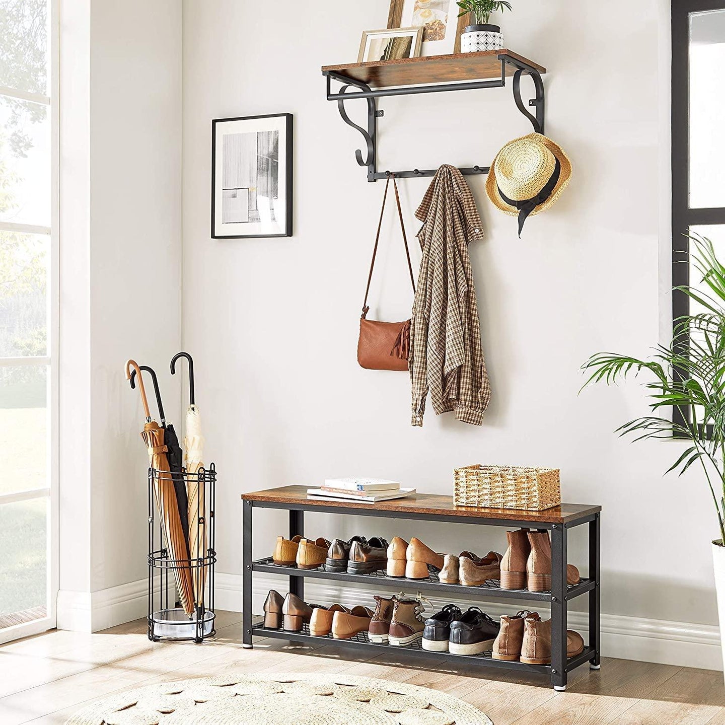 Buy Shoe Rack with 2 Shelves 100 x 30 x 45 cm Rustic Brown and Black discounted | Products On Sale Australia