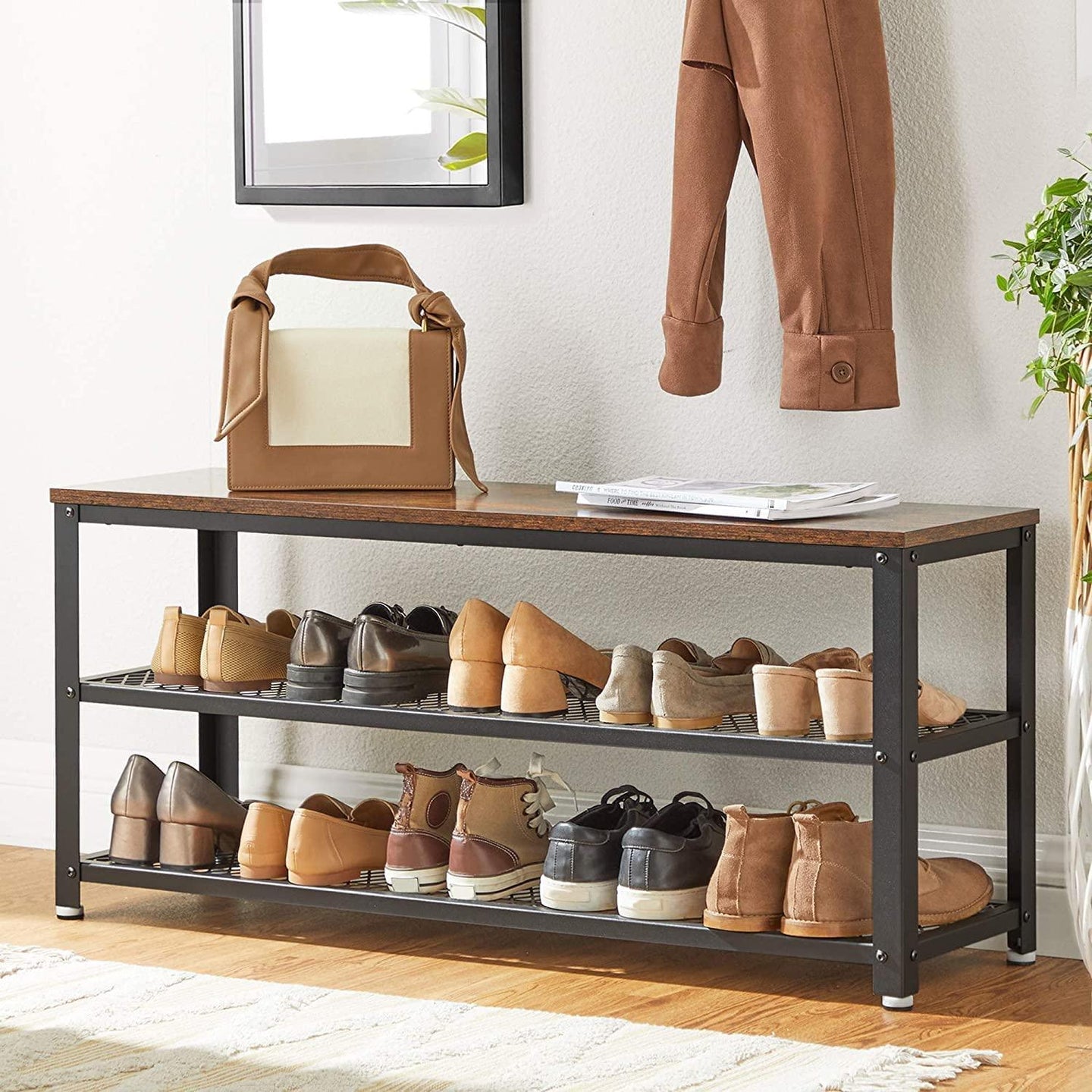 Buy Shoe Rack with 2 Shelves 100 x 30 x 45 cm Rustic Brown and Black discounted | Products On Sale Australia