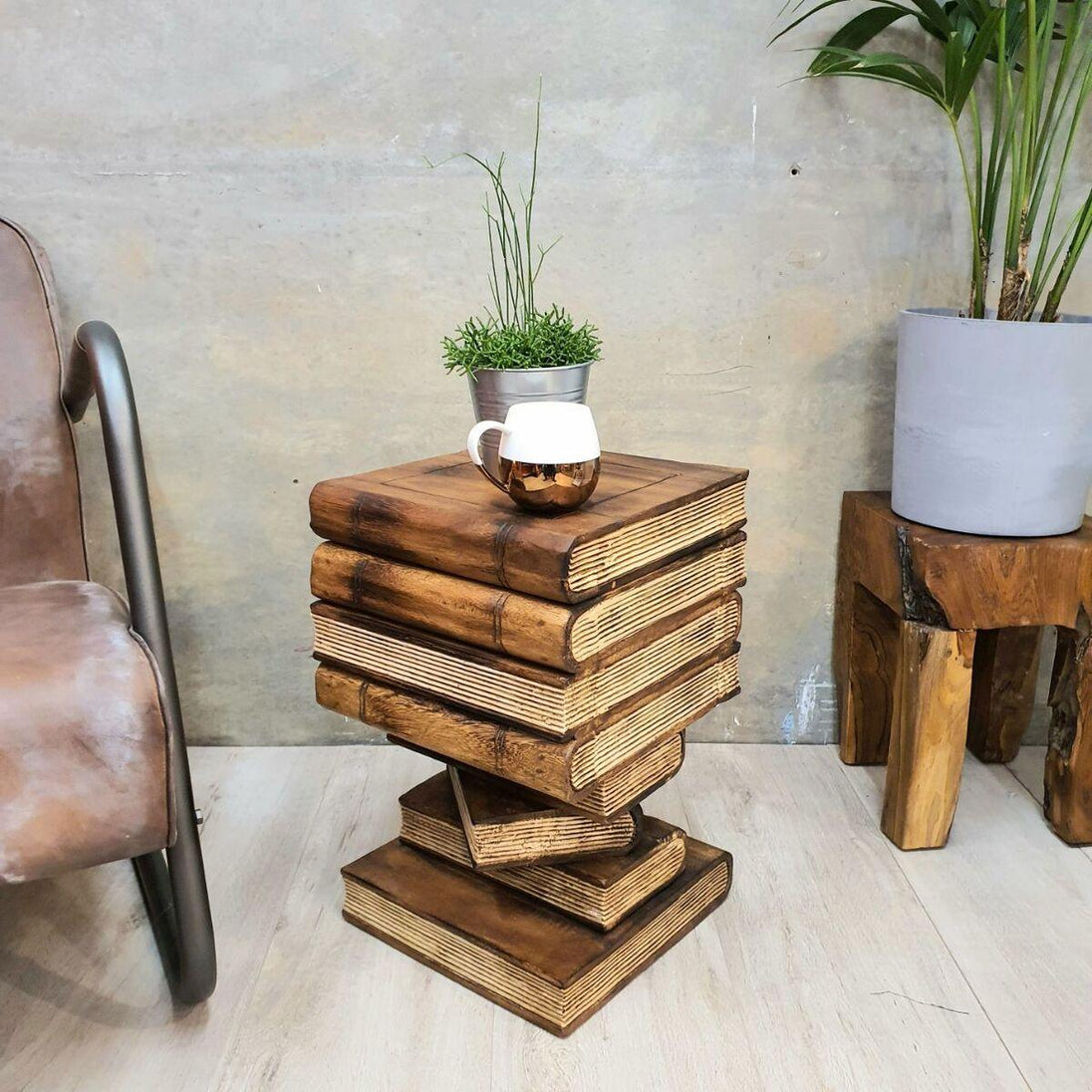 Buy Side Table Book Stack Design w Storage Compartment Natural Burned discounted | Products On Sale Australia