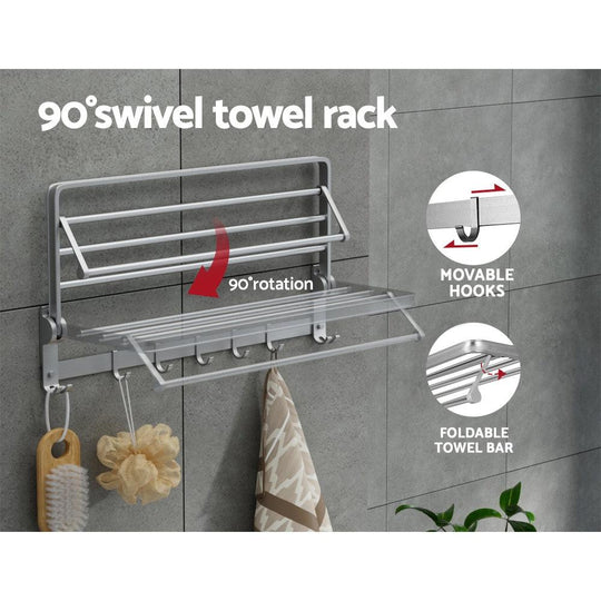 Buy Towel Rail Rack Holder 4 Bars Wall Mounted Aluminium Foldable Hanging Hook discounted | Products On Sale Australia