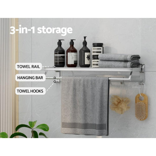 Buy Towel Rail Rack Holder 4 Bars Wall Mounted Aluminium Foldable Hanging Hook discounted | Products On Sale Australia