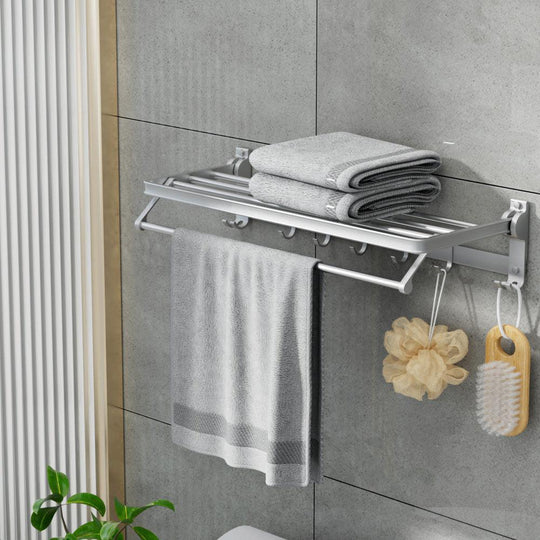 Buy Towel Rail Rack Holder 4 Bars Wall Mounted Aluminium Foldable Hanging Hook discounted | Products On Sale Australia