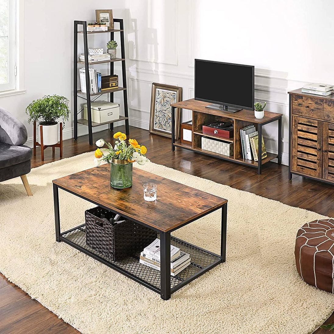 Buy TV Console Unit with Open Storage Rustic Brown and Black Industrial discounted | Products On Sale Australia