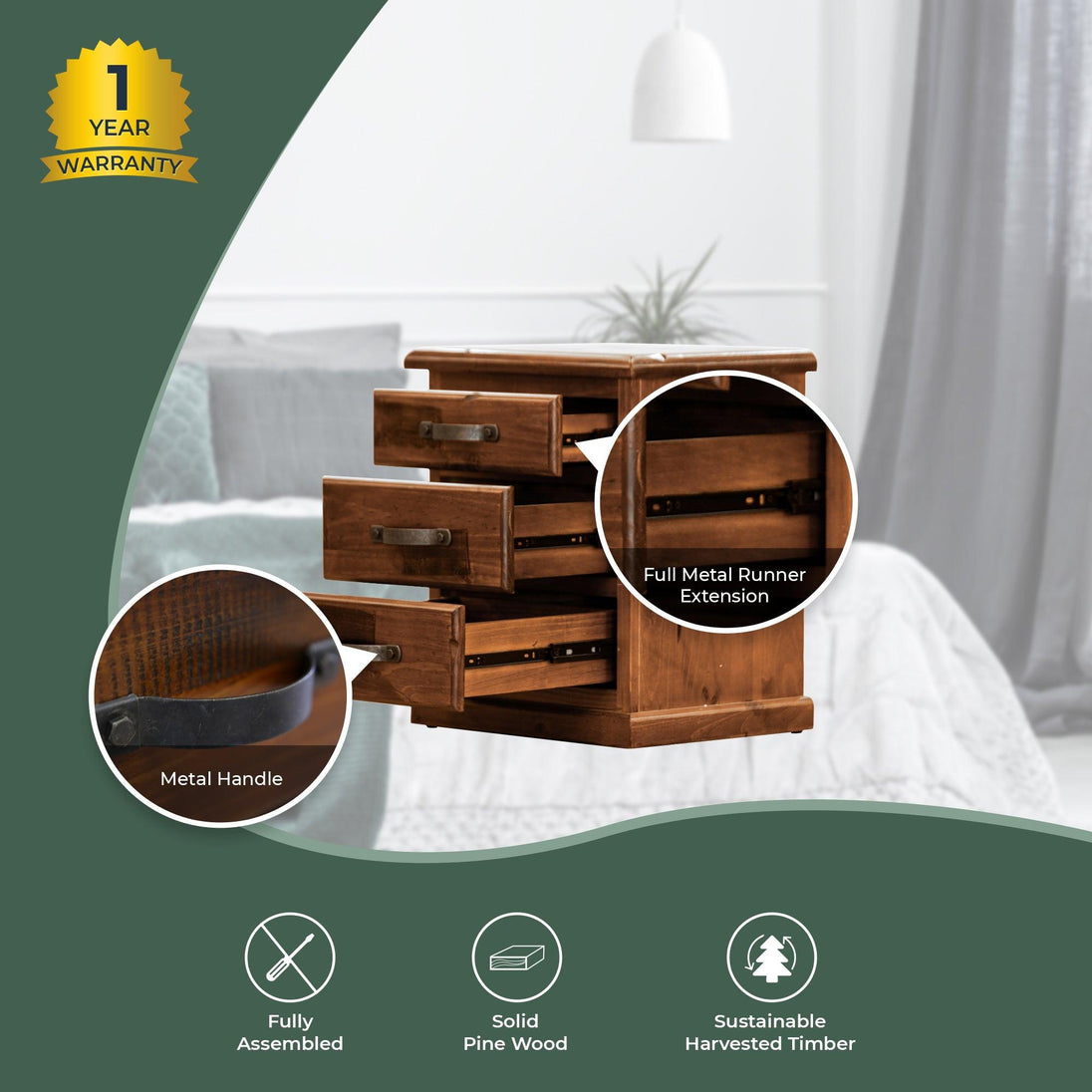 Buy Umber Bedside Tables 3 Drawers Storage Cabinet Shelf Side End Table - Dark Brown discounted | Products On Sale Australia