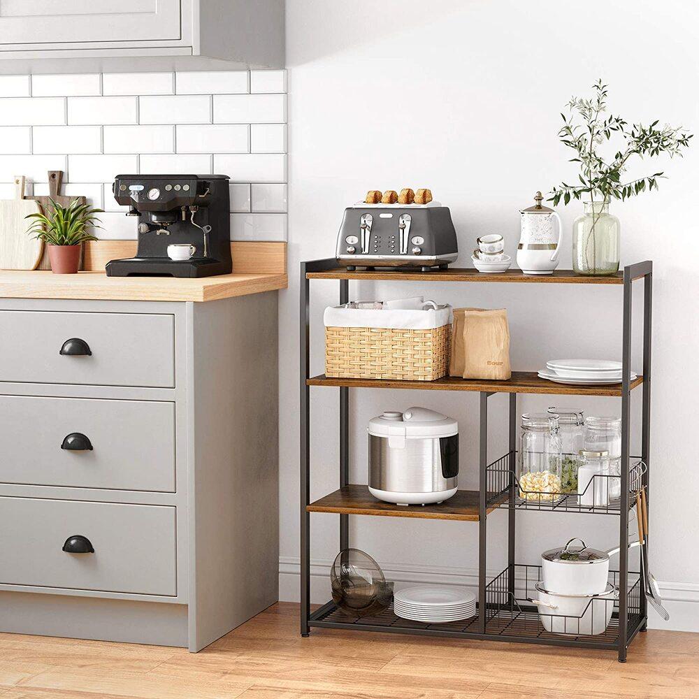 Buy VASAGLE Baker's Rack Kitchen Island with 2 Metal Mesh Baskets Shelves and Hooks Industrial Style Rustic Brown discounted | Products On Sale Australia