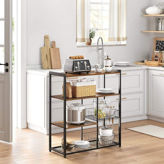 Buy VASAGLE Baker's Rack Kitchen Island with 2 Metal Mesh Baskets Shelves and Hooks Industrial Style Rustic Brown discounted | Products On Sale Australia