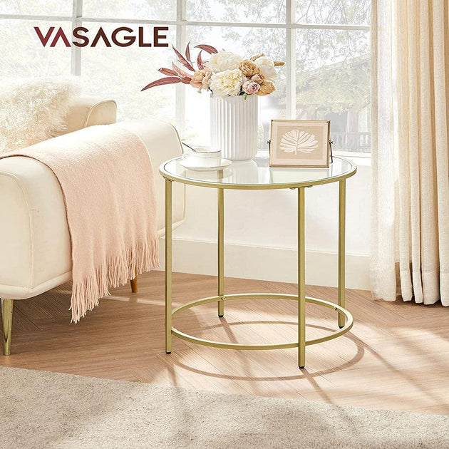 Buy VASAGLE Round Side Tables Set of 2 Tempered Glass with Steel Frame Gold discounted | Products On Sale Australia