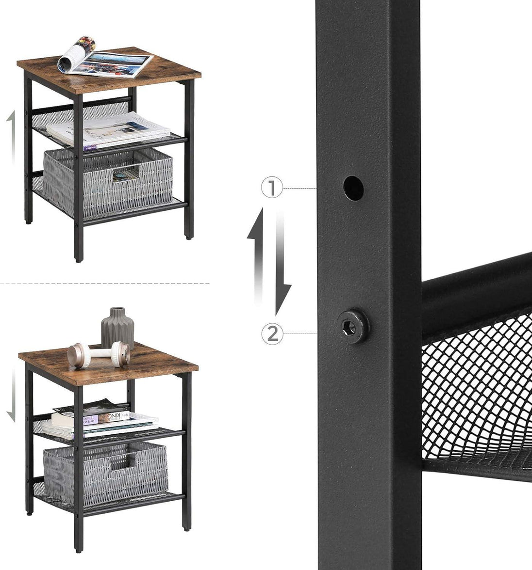 Buy VASAGLE Side Table Set Nightstand Industrial Set of 2 Bedside Tables with Adjustable Mesh Shelves Rustic Brown and Black discounted | Products On Sale Australia