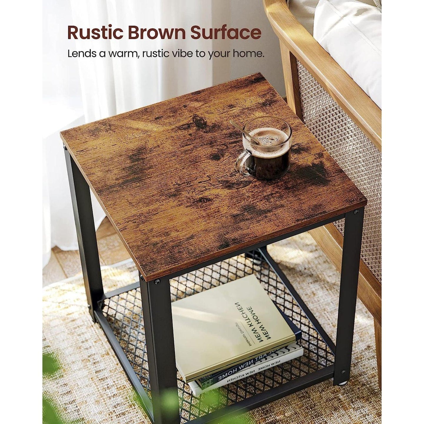 Buy VASAGLE Side Table with Mesh Shelf Rustic Brown and Black discounted | Products On Sale Australia