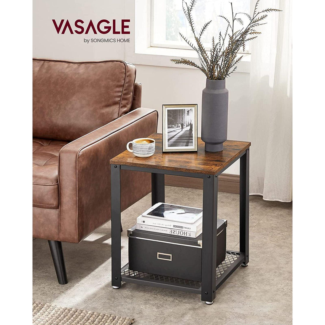 Buy VASAGLE Side Table with Mesh Shelf Rustic Brown and Black discounted | Products On Sale Australia