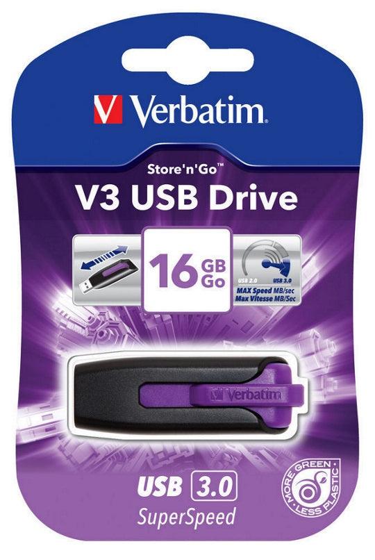 Buy VERBATIM 16GB V3 USB3.0 Violet Store\'n\'Go V3; Rectractable discounted | Products On Sale Australia