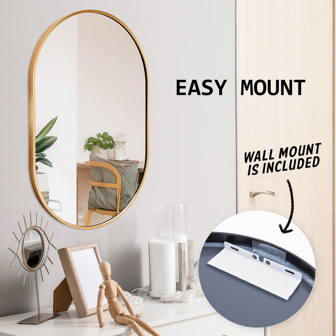 Buy Wall Mirror Oval Aluminum Frame Bathroom 50x75cm GOLD discounted | Products On Sale Australia