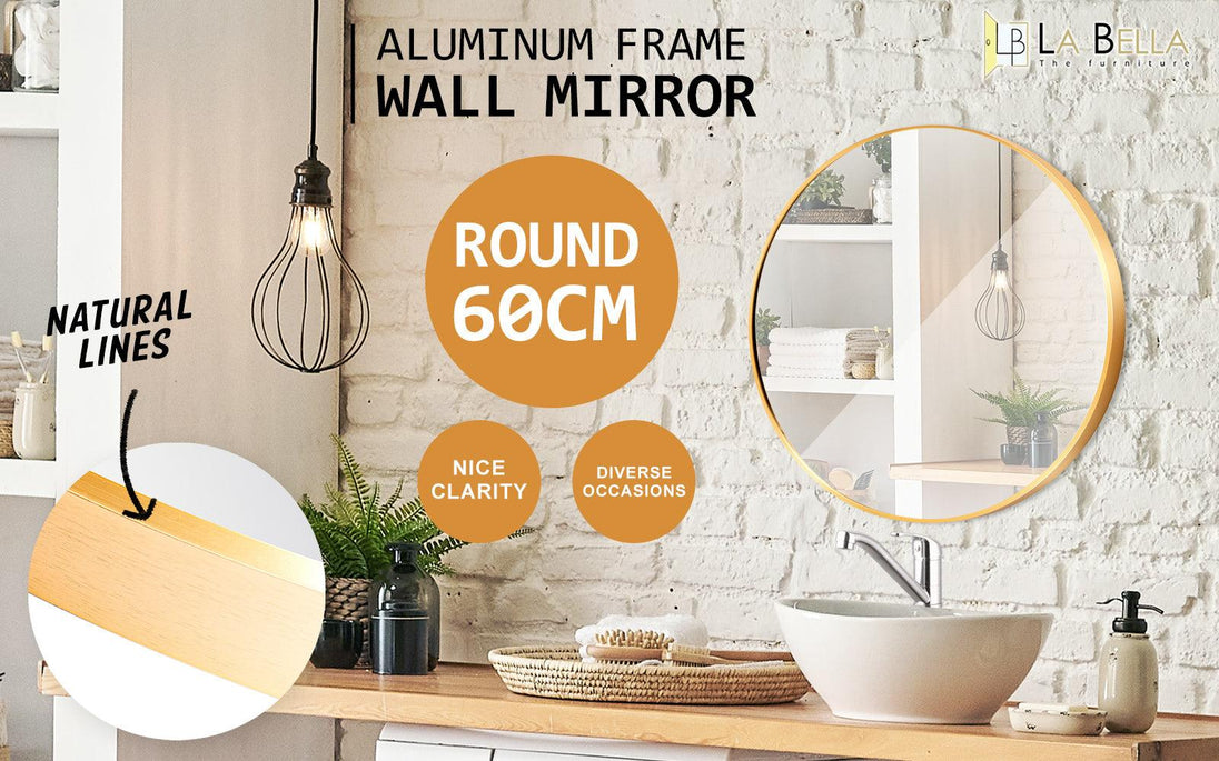 Buy Wall Mirror Round Aluminum Frame Bathroom 60cm GOLD discounted | Products On Sale Australia